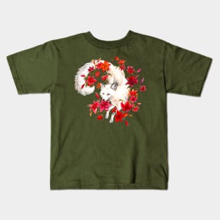 White Fox Red Lilies - Acrylic Animal and Flowers Painting Kids T-Shirt